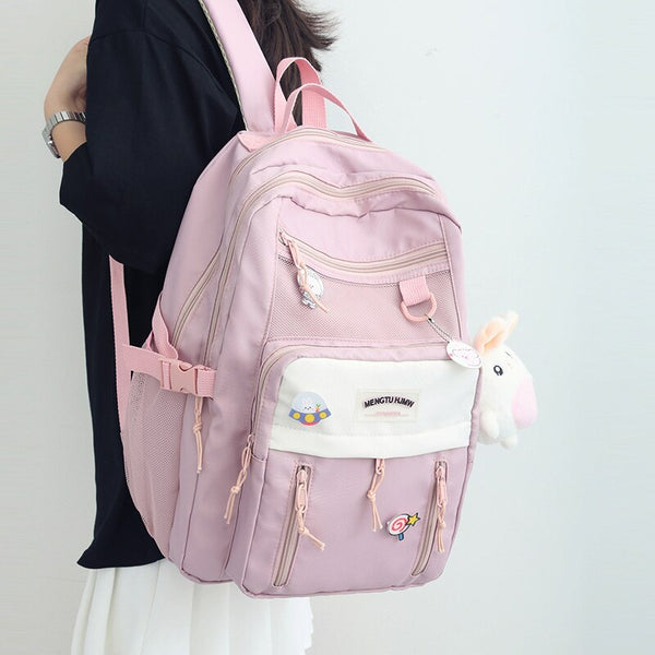 Pink Bookbag Preppy School Backpacks Waterproof Nylon Girl Schoolbag Women College Backpacks Teens Multi-pocket Travel Bag