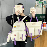 Backpack Female College Student Five-Piece Travel Bag Sweet  Middle School Student Large-Capacity Canvas School Bag