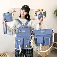 Backpack Female College Student Five-Piece Travel Bag Sweet  Middle School Student Large-Capacity Canvas School Bag