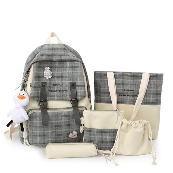 Female Lattice Schoolbag Woman Backpack Large Capacity Casual Travel Bag 4-Piece Multi-Function Laptop Bag