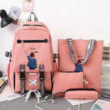 4-Piece Set Female Casual Canvas Schoolbags Women Backpack Middle School Student Bag