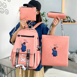 4-Piece Set Female Casual Canvas Schoolbags Women Backpack Middle School Student Bag