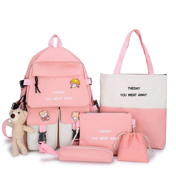 5PCS/Set  Anti-Theft Backpack Woman Schoolbag Korean Version Color Matching Student Canvas School Bag