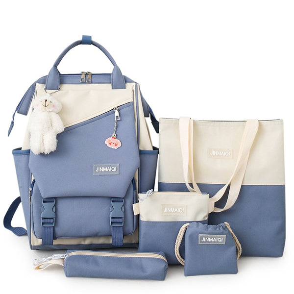 5Pcs/Set  Backpack Women Kawaii Laptop Bag School Bags High Capacity Travel Notebook Girl