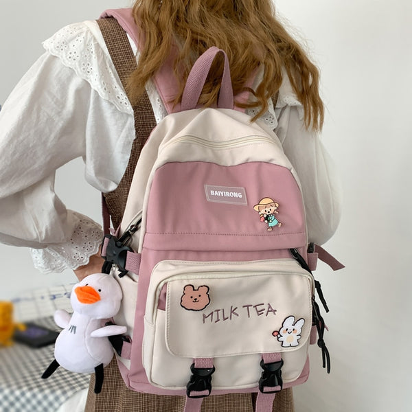 English Embroidery Insert Buckle Backpack Solid Color Multiple Pockets Waterproof Nylon Women Backpack Female Schoolbag