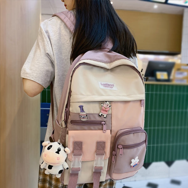 New Multi-pocket Waterproof Nylon Women Backpack Female Lovely Contrast Color Travel Bag College Schoolbag for Girls