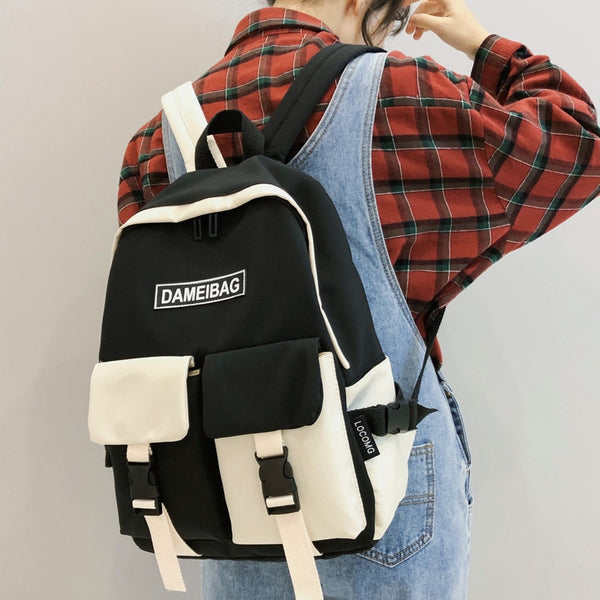 New Panelled Waterproof nylon Women backpack Female eye-splice schoolbag for Teenage girls Double front pocket Mochilas