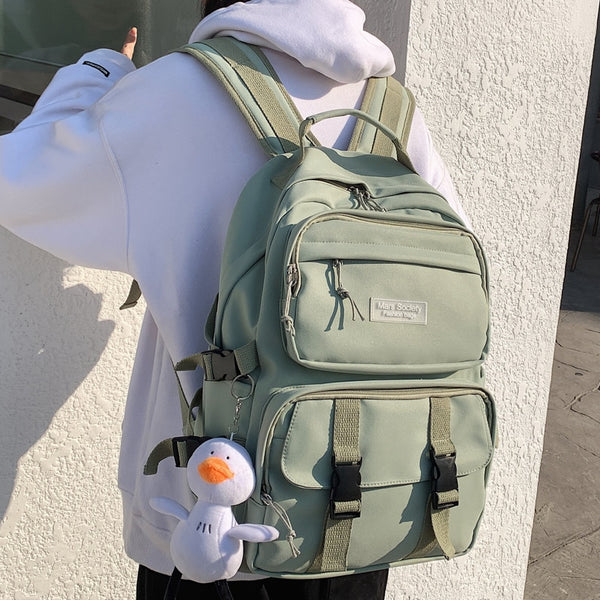 New Waterproof Nylon Women Backpack Men Multi-pocket Solid Color Laptop Backpack Unisex Insert Buckle Schoolbag Book Bag