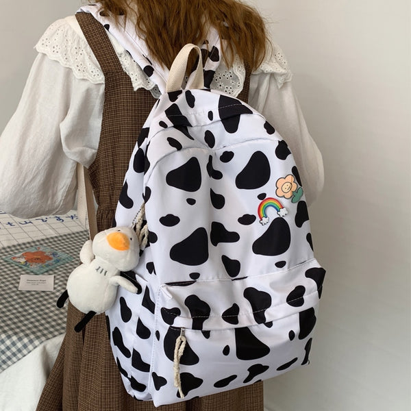 Preppy Cow Spotted Waterproof Nylon Women Backpack Female Large Capacity School Bag For Senior Students Travel Backpacks
