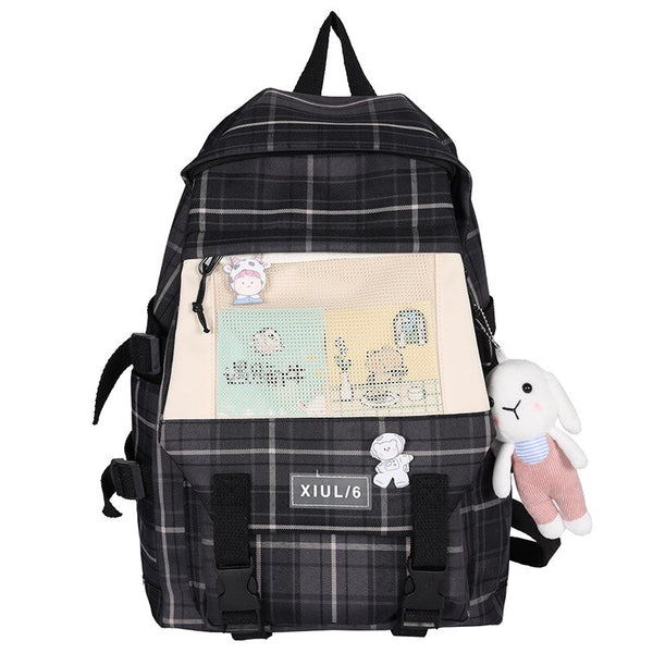 Plaid School Bags for Teenage Girls Cute Backpack Women Canvas Large Capacity Student Schoolbag