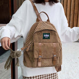 Women Corduroy Backpack Striped Soft Cloth Bags Leather Strap School Bookbag For College Girls Cute Small Travel Bagpack