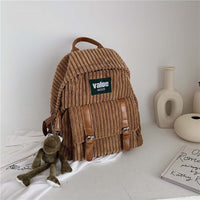 Women Corduroy Backpack Striped Soft Cloth Bags Leather Strap School Bookbag For College Girls Cute Small Travel Bagpack
